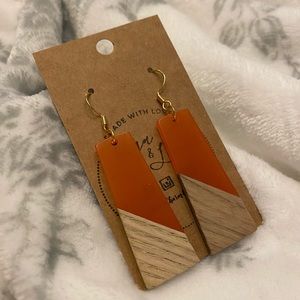 Orange Trapezoid Resin and Walnut Wood Earring